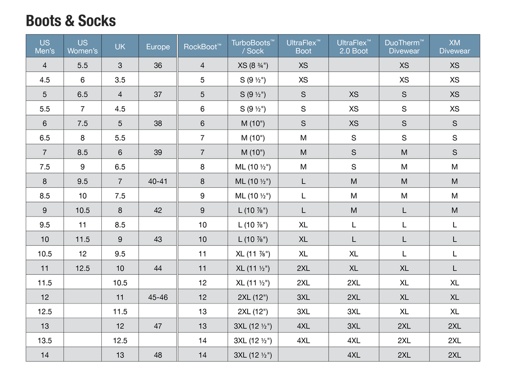 DuoTherm II 300 Socks - Size Chart